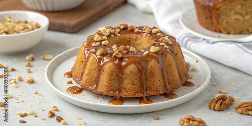Golden bundt cake, caramel glaze, chopped nuts, rustic wooden table, white ceramic plate, linen napkin, warm lighting, food photography, shallow depth of field, comfort food, homemade dessert, autumn 