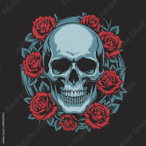 Gothic Skull with Red Roses Vector Illustration 