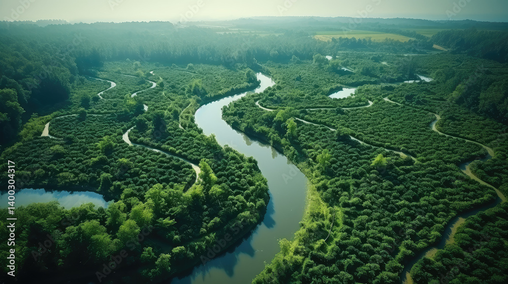 Serene River Meanders in Lush Green Landscape