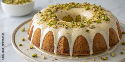 Bundt cake, vanilla glaze, chopped pistachios, golden brown cake, white ceramic plate, rustic wood table, soft lighting, food photography, high detail, shallow depth of field, professional baking,