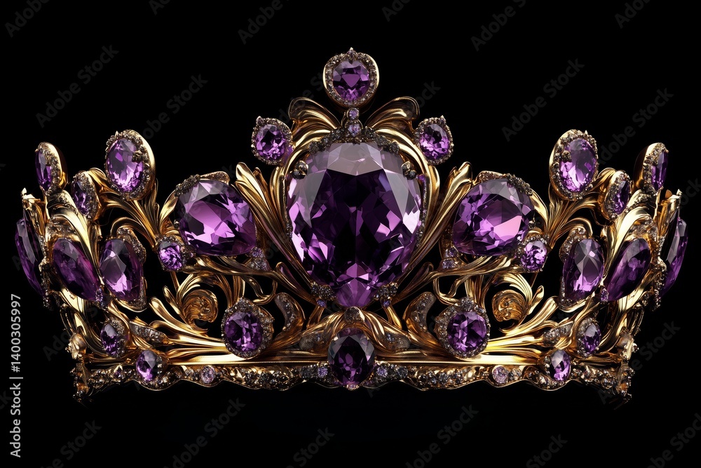 Fototapeta premium Ornate golden royal crown with large purple gemstones. Symbol of power luxury royalty. Diadem, jewelry, precious jewels, wealth, prosperity, leadership, kingdom, high society, celebration