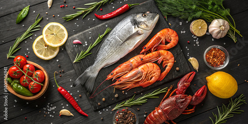 Fresh seafood spread, raw fish and shellfish, colorful ingredients, dark stone background, overhead view, culinary composition, vibrant herbs and spices, lemon slices, cherry tomatoes, rustic styling,