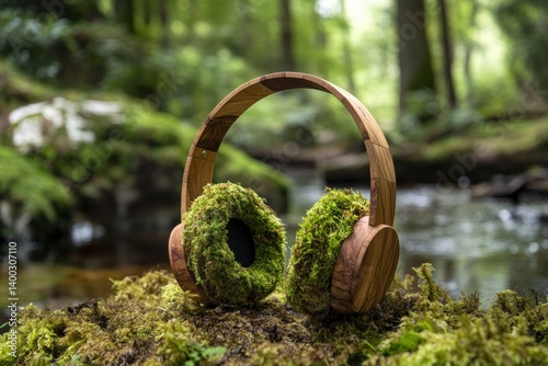 Creative headphone crafted from wood and moss captures forest sounds for eco-friendly listening experience in nature