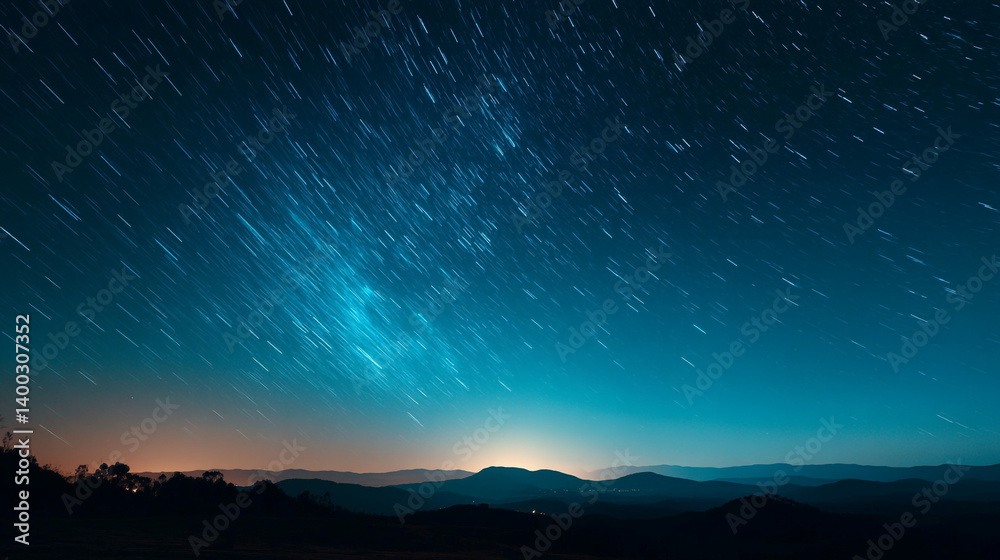 Fototapeta premium A scenic view of star trails over dark mountains against a blue and orange gradient sky at night