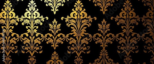 Intricate black & gold damask pattern with metallic accents; luxurious VIP invitation backdrop, premium, vintage