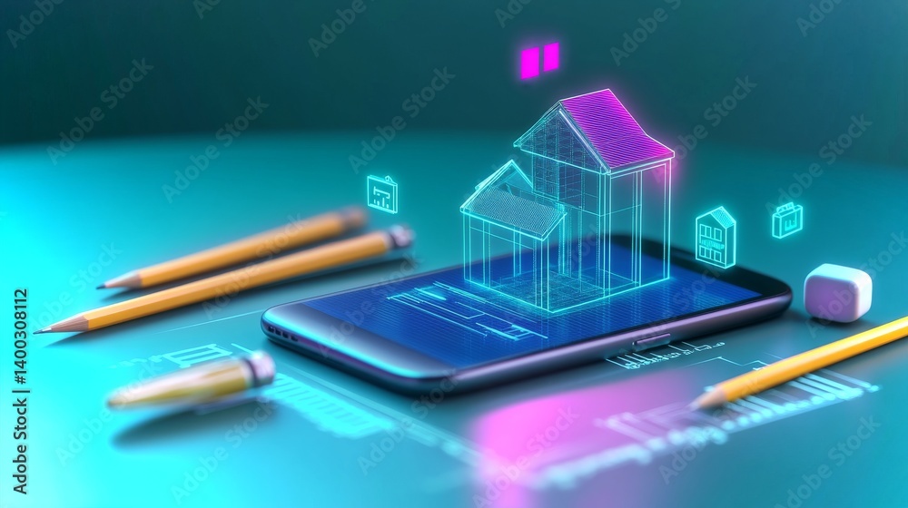 Holographic mini house model on an innovative smartphone display with creative design