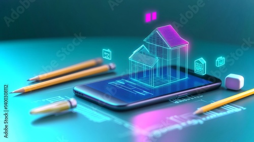 Obraz na płótnie Holographic mini house model on an innovative smartphone display with creative design w salonie