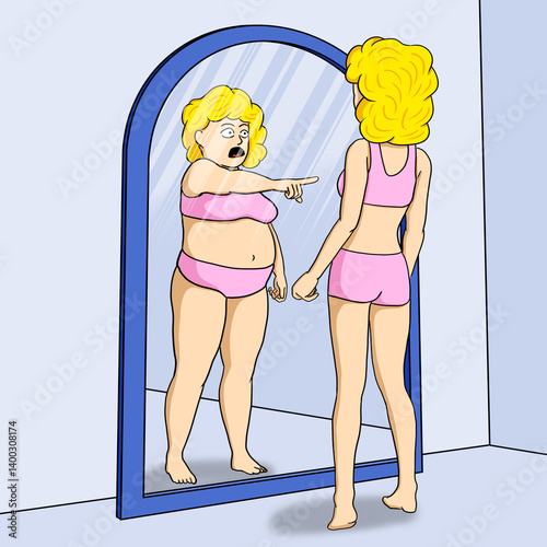 illustration of a slender woman who sees herself overweight in the mirror
