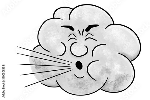 illustration of a gray cartoon cloud blowing wind