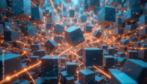 Abstract Network Cubes: A network of interconnected cubes, rendered in a photorealistic style, floating in a mesmerizing display of connectivity and complex data flow.