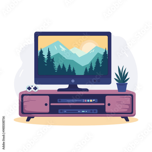 Home TV with Scenic Mountain View and Decorative Plant  