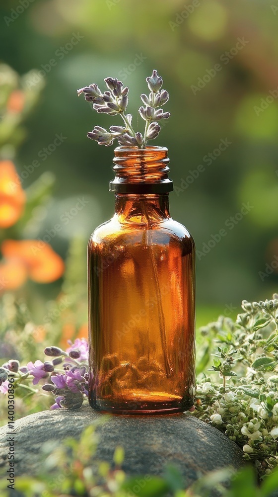 Amber bottle with lavender sprigs on a stone amidst thyme and wildflowers in a sunlit garden setting Amber bottle with lavender sprigs on a stone amidst thyme and wildflowers in a sunlit garden setting