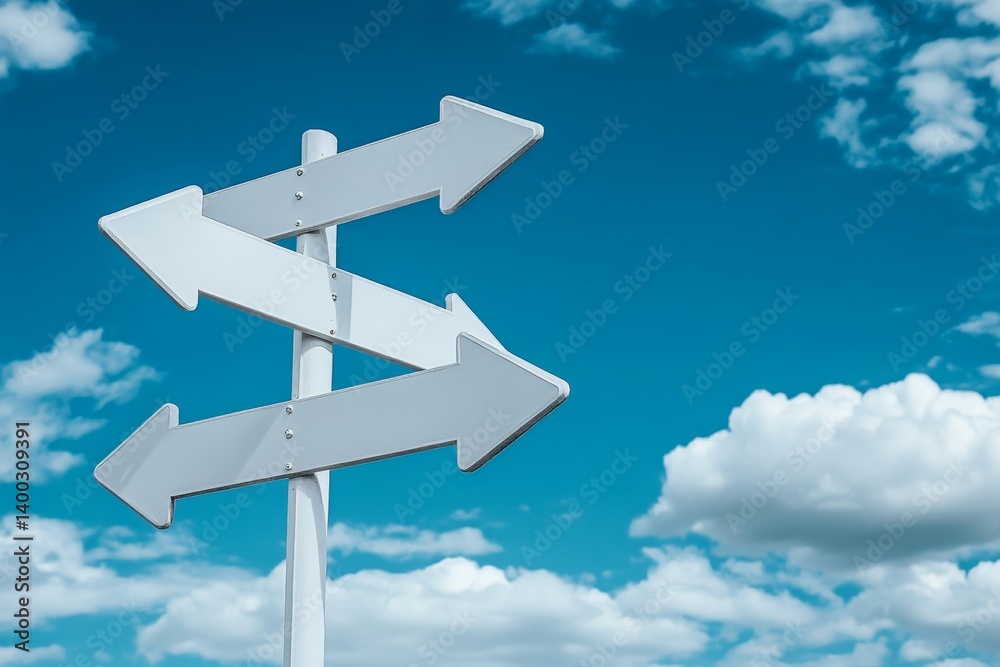 Three-way directional signpost against a partly cloudy sky Three-way directional signpost against a partly cloudy sky