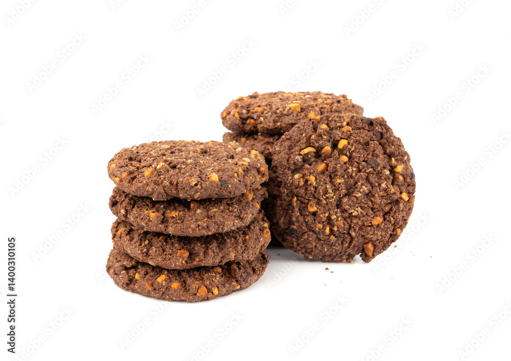 Chocolate oatmeal cookies, healthy cereal oat crackers with nuts, crispy homemade cookie with cocoa powder Chocolate oatmeal cookies, healthy cereal oat crackers with nuts, crispy homemade cookie with cocoa powder