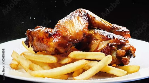 slow motion 4K video of slow motion of french fries falling on to an empty white plate followed by barbeque chicken wings on top of the fries and then a light sprinkle of salt  deconstructed food