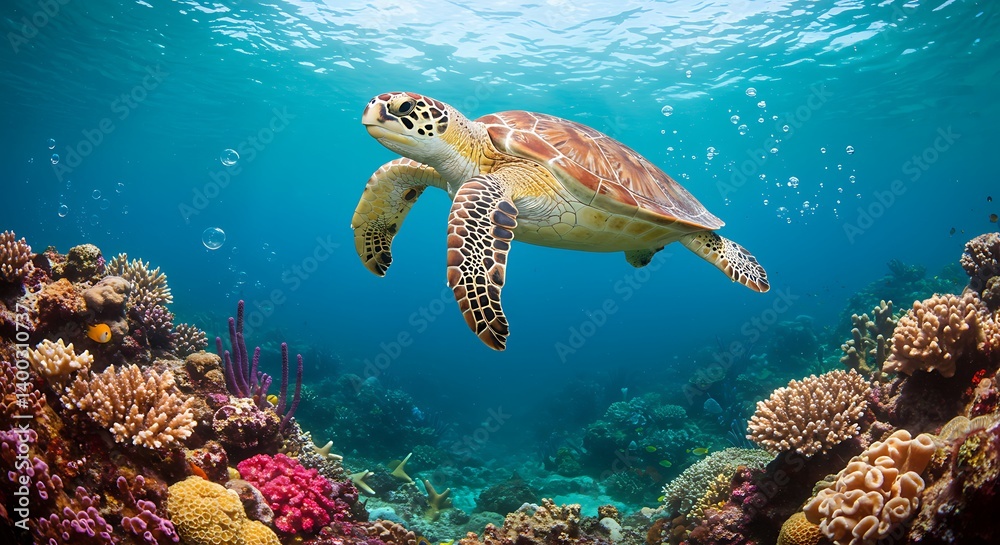 Obraz premium Ocean Majesty: A Sea Turtle's Graceful Glide Through Vibrant Coral AI Generated