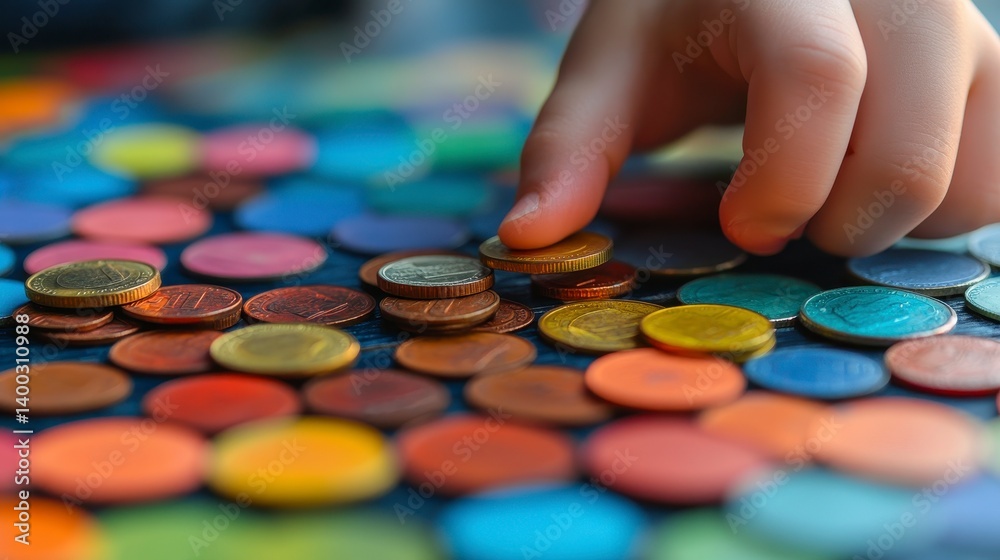 Fototapeta premium Child's Hand Picking Up Colorful Coins