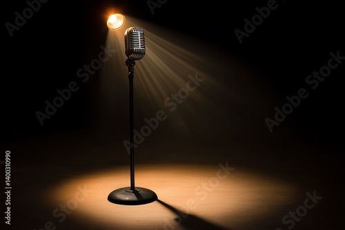 Retro microphone on stand in studio under spotlight. Vintage mic for audio recording podcast, music. Dark background with copy space. Radio show concept, music session, karaoke.