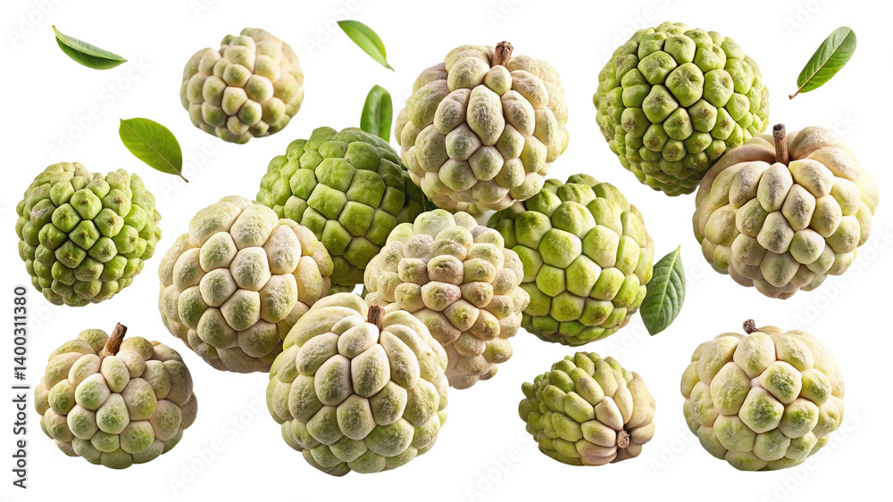 A Collection of Fresh Green and Light Green Sugar Apples Levitating with Leaves on Trensprent Background png A Collection of Fresh Green and Light Green Sugar Apples Levitating with Leaves on Trensprent Background png