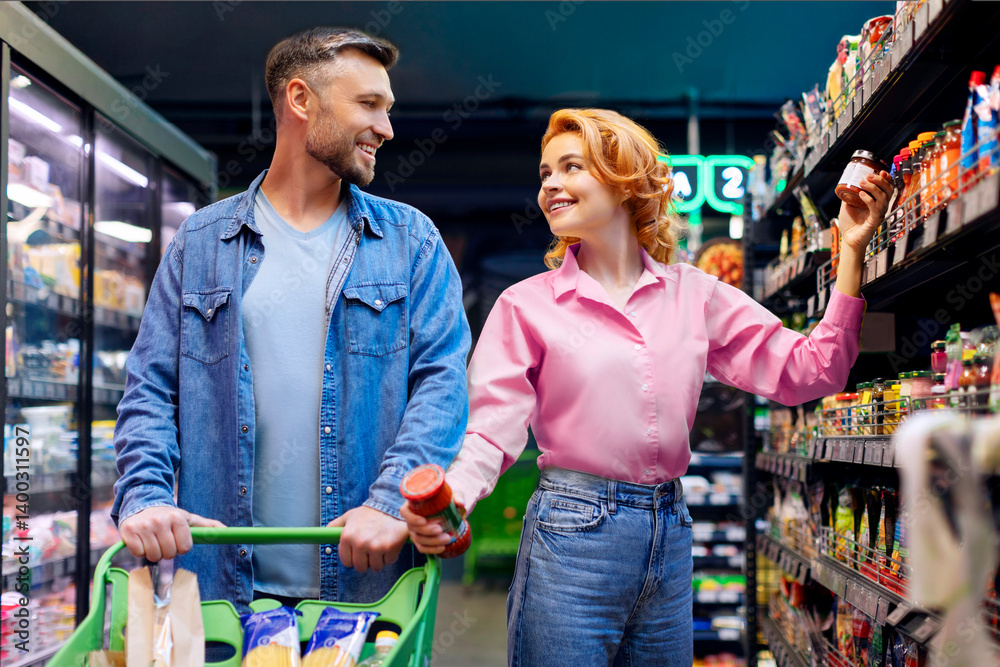 Obraz premium Happy spouses shopping together, buying food at supermarket, walking with shopping cart choosing products and talking