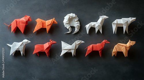 Collection of miniature origami animals arranged, even overhead lighting, flat lay composition, showcasing variety.