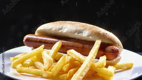 slow motion 4K video of slow motion of french fries falling on to an empty white plate followed by a hot dog on top of the fries and then a light sprinkle of salt deconstructed food