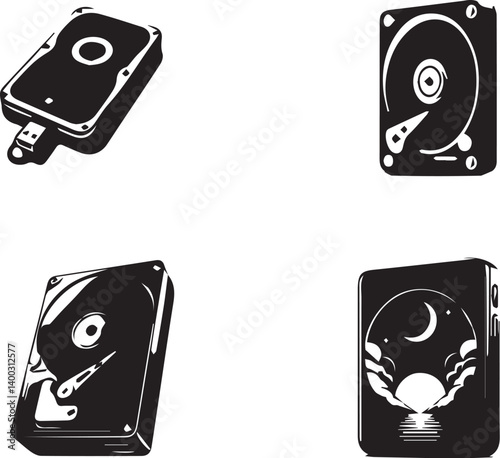 "Black Vector External Hard Drive - Storage, Technology, Digital Device Illustration"