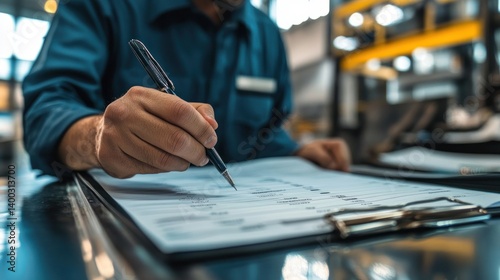 Close-up of a Technician Filling Out a Form in a Factory