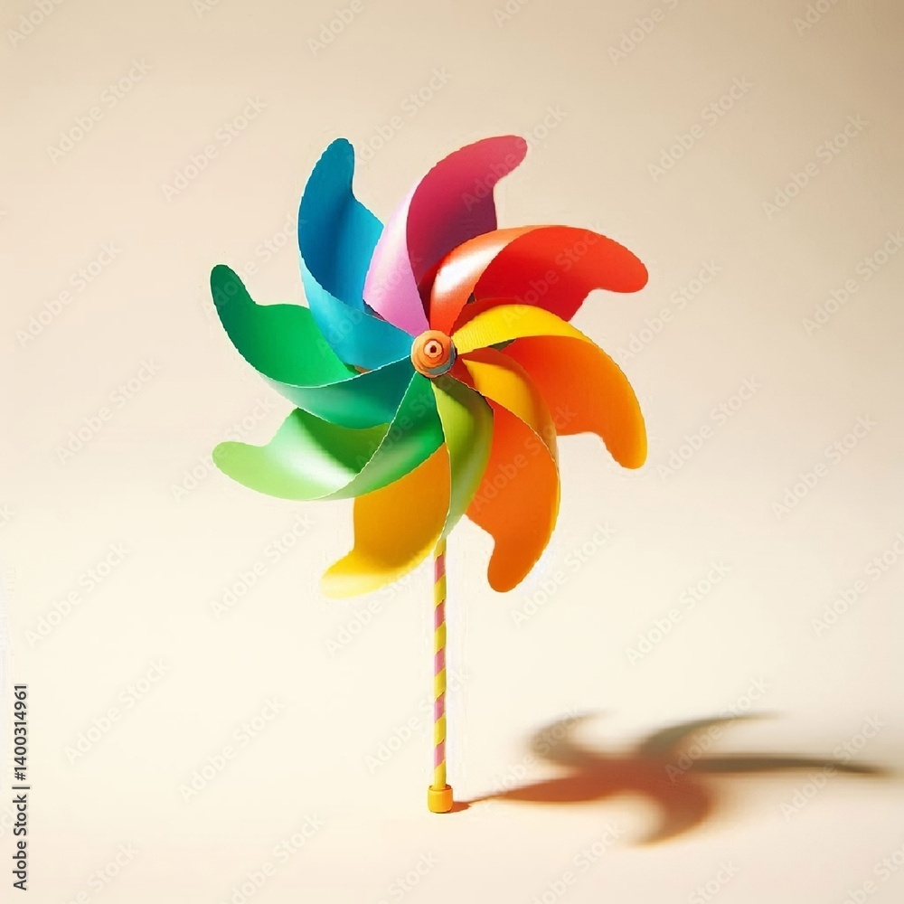 A colorful windmill toy for kids that spins in the wind, colorful petals, paper or plastic, summer decor, fun atmosphere, garden element. AI generated.