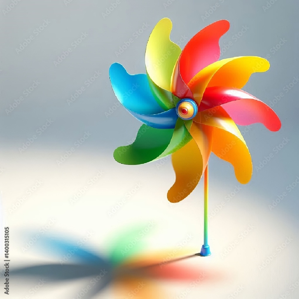 A colorful windmill toy for kids that spins in the wind, colorful petals, paper or plastic, summer decor, fun atmosphere, garden element. AI generated.