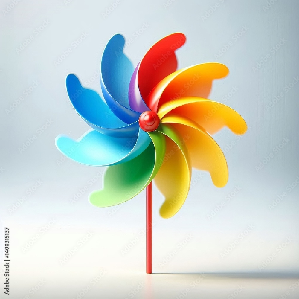 A colorful windmill toy for kids that spins in the wind, colorful petals, paper or plastic, summer decor, fun atmosphere, garden element. AI generated.