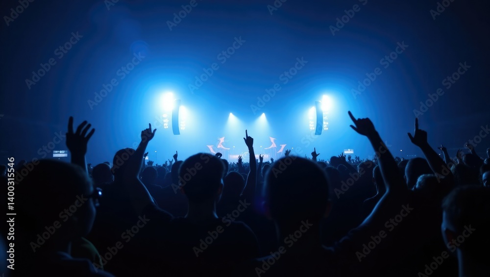 Fototapeta premium Silhouetted Concert Crowd Enjoying Live Music Under Blue Stage Lights