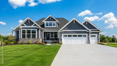 Modern farmhouse style home with curb appeal.  Spacious exterior design, featuring gray siding, white trim, and a concrete driveway.  Well-maintained landscaping and manicured lawn