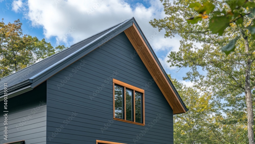 Modern exterior of a house with a combination of dark gray siding and a light-brown trim around the roofline and windows. The roof is metal, and the windows have a contemporary design Modern exterior of a house with a combination of dark gray siding and a light-brown trim around the roofline and windows. The roof is metal, and the windows have a contemporary design
