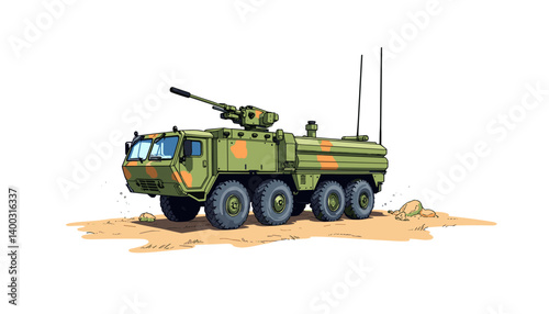 Military vehicle illustration on desert landscape  