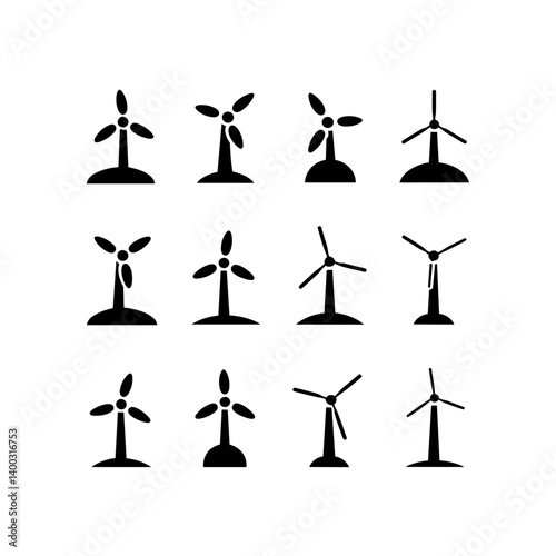 Wind Turbine Silhouette Vector Bundle Black and White Wind Turbine Clipart EPS Illustration