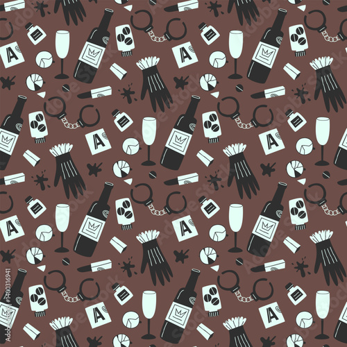 Pattern for detective story related to a woman. Seamless pattern for endpaper of detective book. Lots of clues belonging to a woman. Flat vector illustration