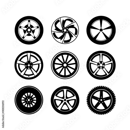 Wheel Silhouette Vector Bundle Black and White Wheel Clipart EPS Illustration