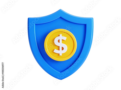 Blue Shield with Dollar Coin 3D Icon Financial Security Isolated Transparent White Background Stock Object Download