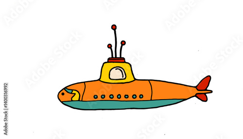 Colorful cartoon submarine illustration on white background  