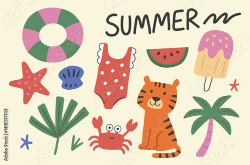 Cute summer elements vector set – Hand drawn cartoon style for kids and beach design. Cartoon summer stickers in retro 90s style. Sticker pack of patches, labels, stamps
