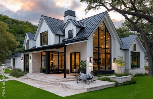 A white, modern farmhouse-style home in Texas, overlooking the hillside of beautiful green grass and blue sky with clouds