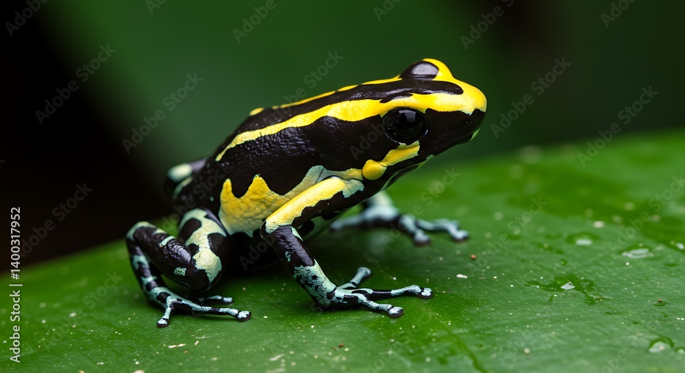 Obraz premium Vibrant Yellow-Banded Poison Frog on Dew-Kissed Leaf AI Generated