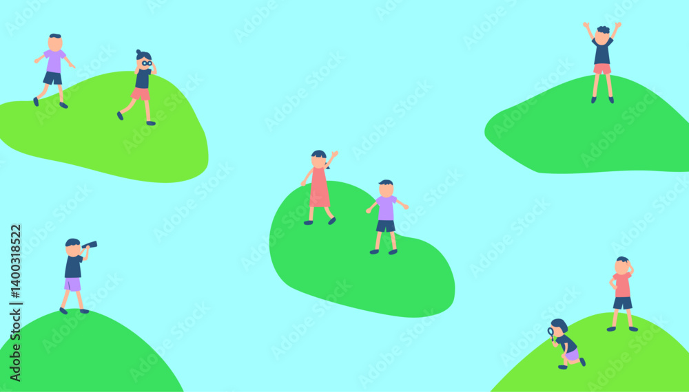 Fototapeta premium 島で探索する子供たちのイラスト