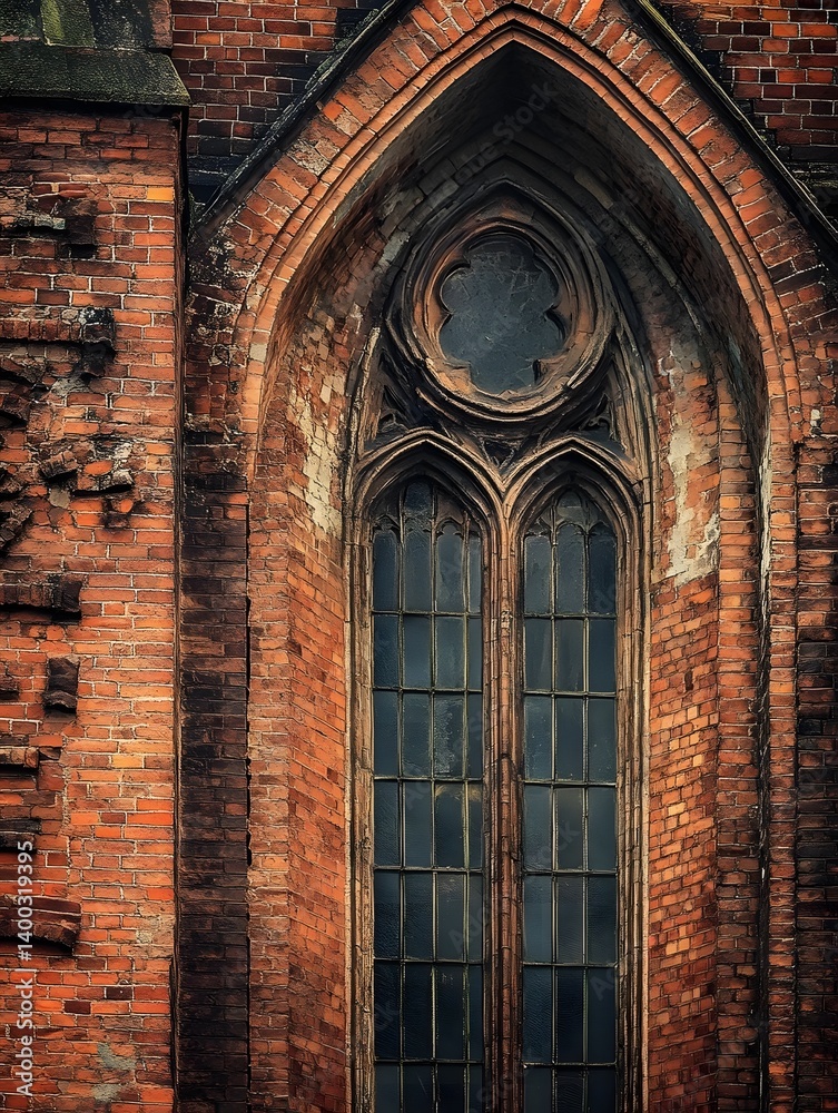 Fototapeta premium Gothic Church Architecture: Symmetrical Design, Ornate Details, and Stained Glass Windows in Historic Urban Setting