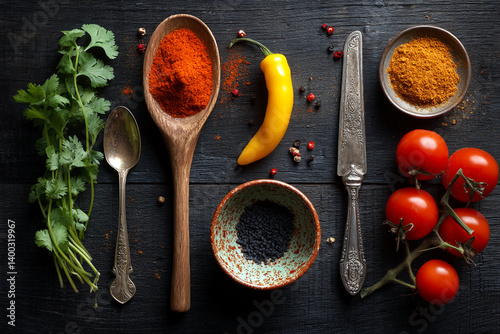Overhead shot of spices, herbs, and tomatoes arranged on dark wood, showcasing culinary ingredients and a rustic aesthetic, ideal for food blogs or recipe websites