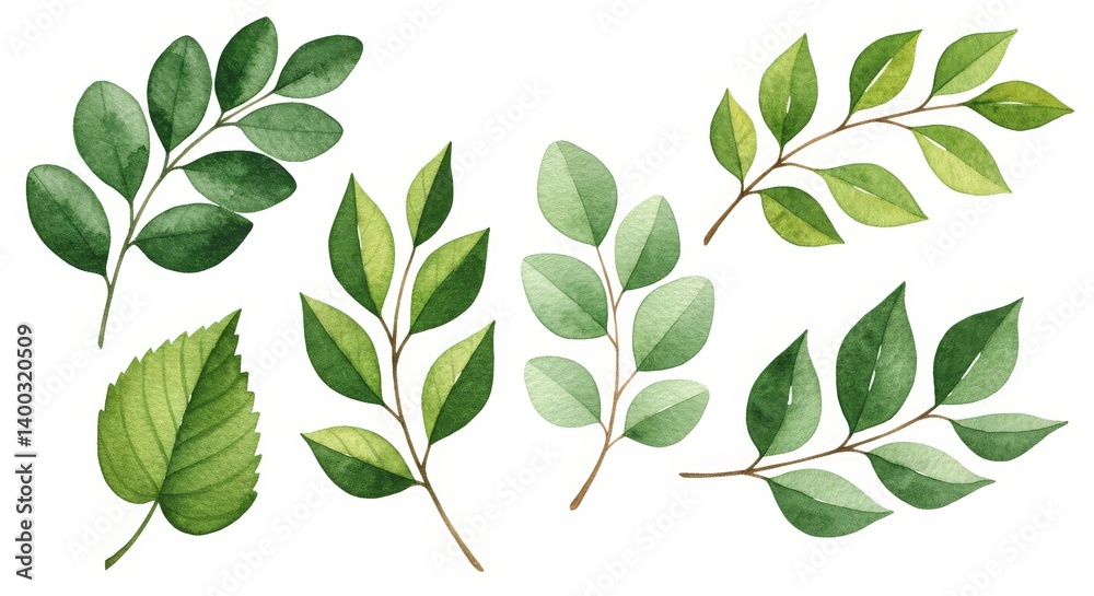 Naklejka premium Watercolor Green Leaves Collection on White Background 