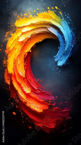 Curved soundwave brushstrokes wrapped into a spiral composition, vibrant colors transitioning along rhythm lines, glowing strokes on 