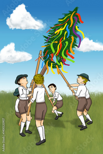 illustration of a maypole being set up by strong men