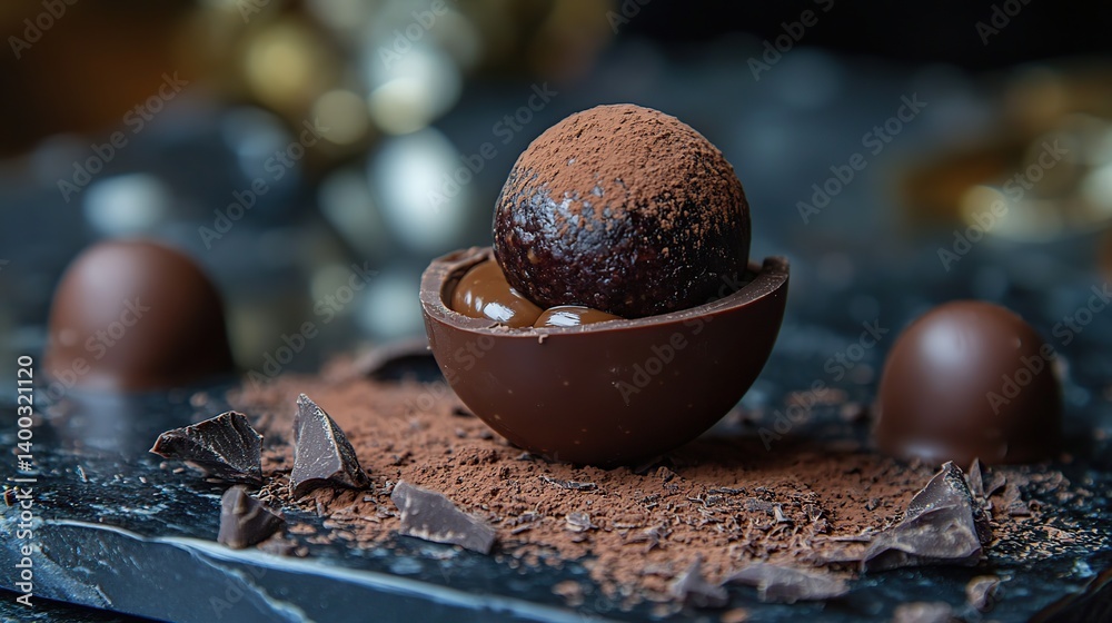Dark chocolate truffle with a fine cocoa dusting, creamy and smooth chocolate center